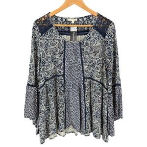 NEW Hem & Thread Womens‎ Large Bell Sleeve Blouse Navy Paisley Lace Boho Peasant